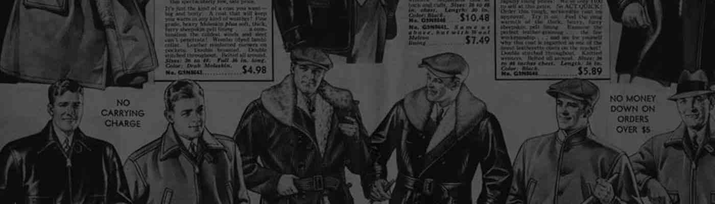 A newspaper advertisement featuring vintage men's leather jackets.